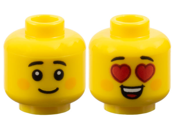 Minifigure, Head Dual Sided Child Black Small Eyebrows, Bright Light Orange Circles on Cheeks, Grin / Red Heart Eyes and Open Mouth Smile with Top Teeth and Tongue Pattern: {ярко жълт}