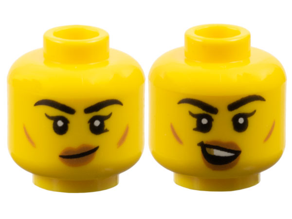 Minifigure, Head Dual Sided Female Black Thick Eyebrows, Single Eyelashes, Lower Eyelid, Medium Nougat Small Cheek Lines and Lips, Lopsided Grin / Open Mouth Smile with Top Teeth and Gold Tooth Pattern: {ярко жълт}