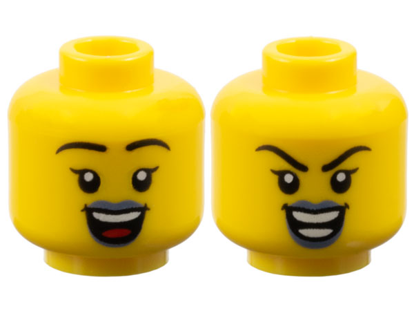 Minifigure, Head Dual Sided Female Black Eyebrows, Single Eyelashes, Sand Blue Lips, Open Mouth Smile, Happy with Top Teeth and Red Tongue / Evil with Teeth Parted Pattern: {ярко жълт}
