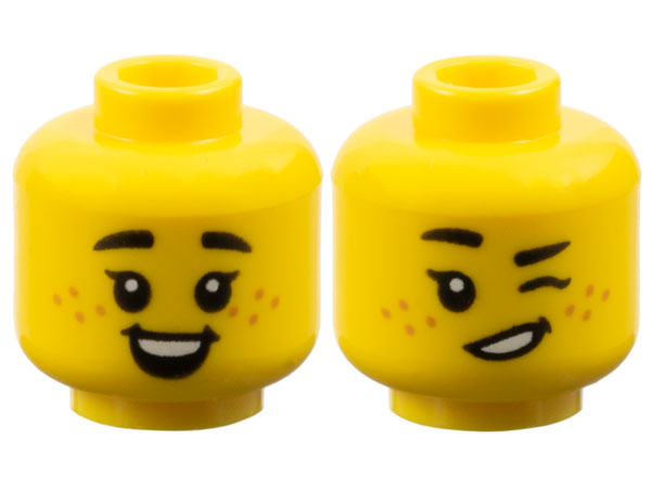 Minifigure, Head Dual Sided Child Female Black Small Thick Eyebrows, Single Eyelashes, Medium Nougat Freckles, Open Mouth Smile with Dimples and Top Teeth / Winking Pattern: {ярко жълт}