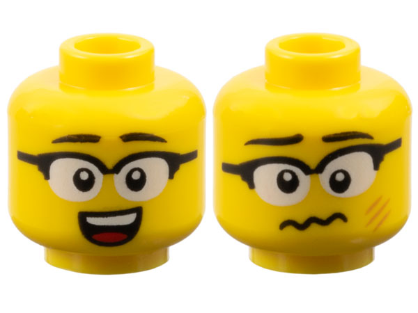 Minifigure, Head Dual Sided Black Eyebrows, Glasses with White Lenses, Open Mouth Smile with Top Teeth and Red Tongue / Dizzy with Medium Nougat Scratches Pattern: {ярко жълт}