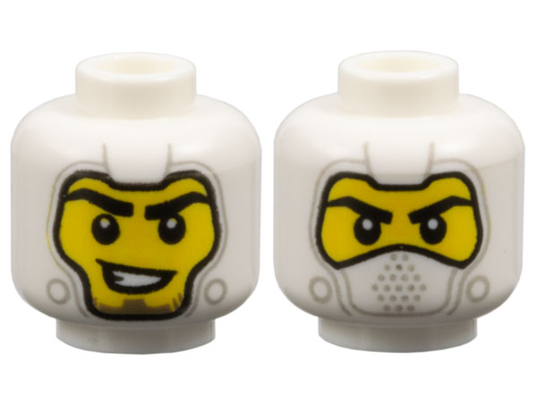 Minifigure, Head Dual Sided Balaclava with Light Bluish Gray Details, Yellow Face, Black Eyebrows, Lopsided Open Mouth Smile with Teeth / Covered Mouth Pattern: {бял}