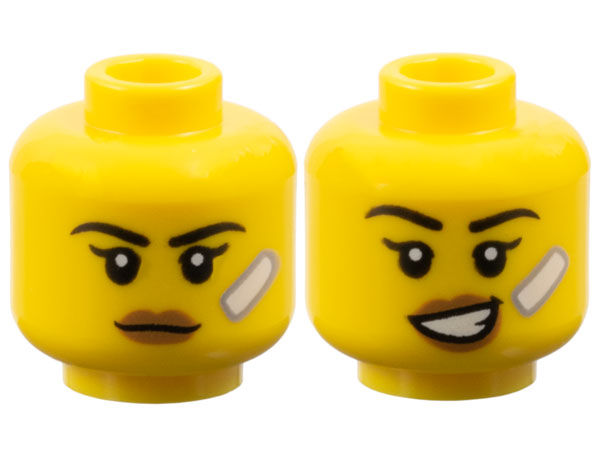 Minifigure, Head Dual Sided Female Black Eyebrows, Single Eyelashes, Medium Nougat Lips, White Bandage, Neutral / Lopsided Open Mouth Smile with Teeth Pattern: {ярко жълт}