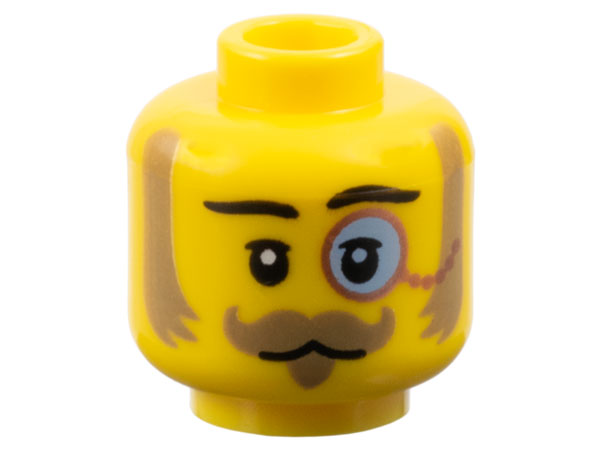 Minifigure, Head Black Eyebrows, Upper Eyelids, Dark Tan Mutton Chops, Curled Moustache and Soul Patch, Copper Monocle with Bright Light Blue Lens, Neutral Pattern: {ярко жълт}