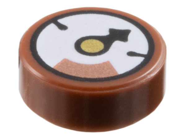 Tile, Round 1 x 1 with White Gauge with Black Pointer, Gold Circle and Copper Section Pattern: {червеникаво-кафяв}