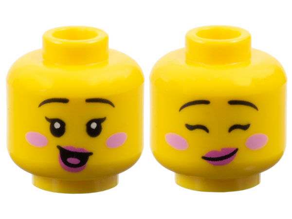 Minifigure, Head Dual Sided Female Black Thin Eyebrows, Single Eyelashes, Bright Pink Cheeks, Dark Pink Lips, Open Mouth Smile with Tongue / Lopsided Grin with Eyes Closed Pattern: {ярко жълт}