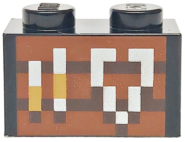 Brick 1 x 2 with Reddish Brown and Dark Brown Pixelated Smithing Table with Medium Nougat and Silver Tools Pattern: {черен}