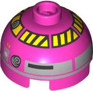 Brick, Round 2 x 2 Dome Top with Black and Yellow Danger Strips Around Dome, Photoreceptor, Silver Panels and Pink Dots Pattern (QT-KT): {ярко пурпурен}