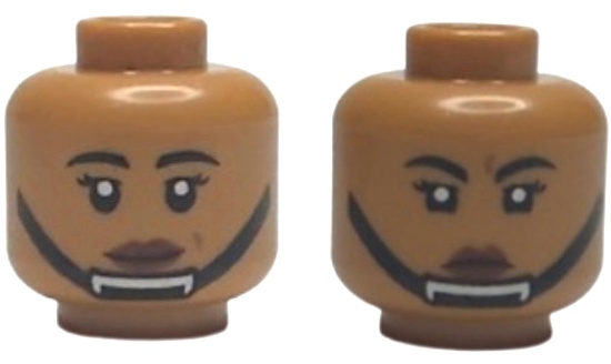Minifigure, Head Dual Sided Female Black Eyebrows and Eyelashes, Reddish Brown Lips, Black Chin Strap, Grin / Angry Frown Pattern: {умерен нуга}