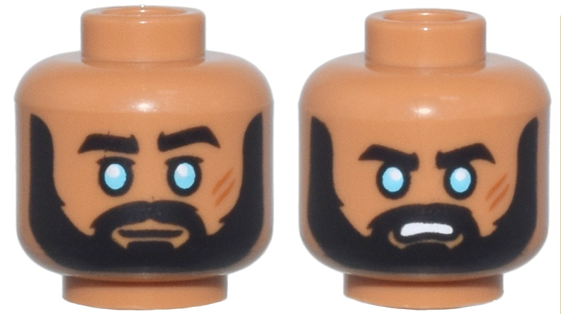 Minifigure, Head Dual Sided Thick Black Eyebrows, Moustache, and Full Beard, Medium Azure Eyes, Dark Orange Scars, Neutral / Angry Open Mouth with Teeth Pattern - Vented Stud: {умерен нуга}