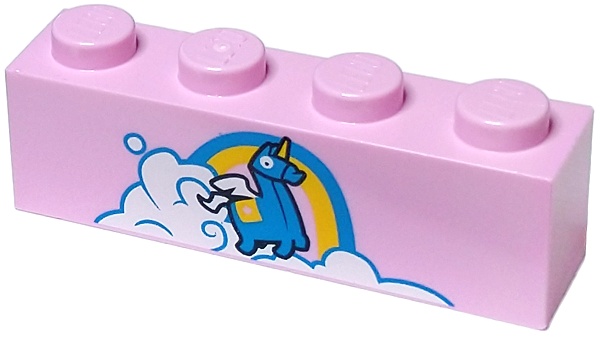 Brick 1 x 4 with Dark Azure and Yellow Unicorn and Rainbow, and White Cloud Pattern (BrickHeadz Brite Bomber Shirt): {светло пурпурен}