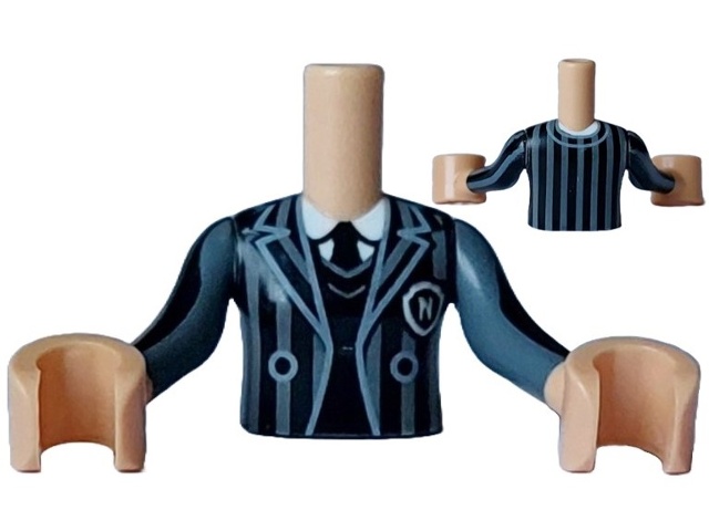 Torso Mini Doll Girl Dark Bluish Gray Striped Jacket over Black Sweater and Tie over White Shirt Pattern, Medium Tan Arms with Hands with Black Long Sleeves with Dark Bluish Gray Stripes: {умерен тан}