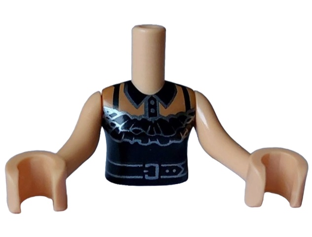 Torso Mini Doll Girl Black Halter Top with Silver Belt and Ruffles over Medium Nougat Shirt with Collar and Buttons Pattern, Medium Tan Arms with Hands: {умерен тан}