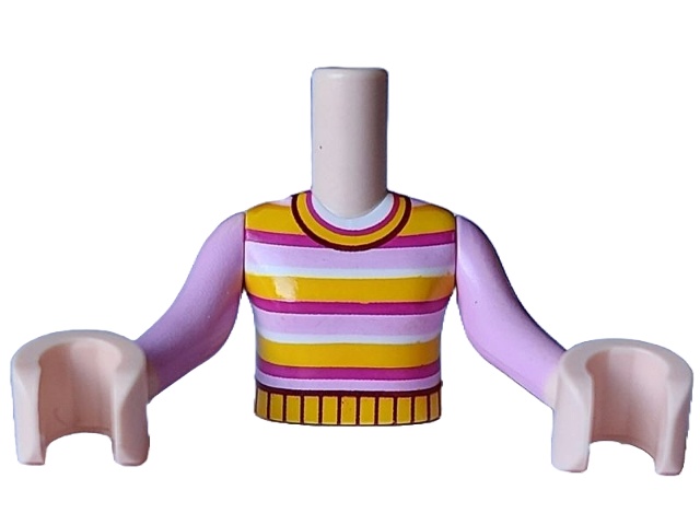 Torso Mini Doll Girl Bright Pink, Magenta, White and Yellow Striped Sweater Pattern, Light Nougat Arms with Hands with Bright Pink Long Sleeves: {светло нуга}