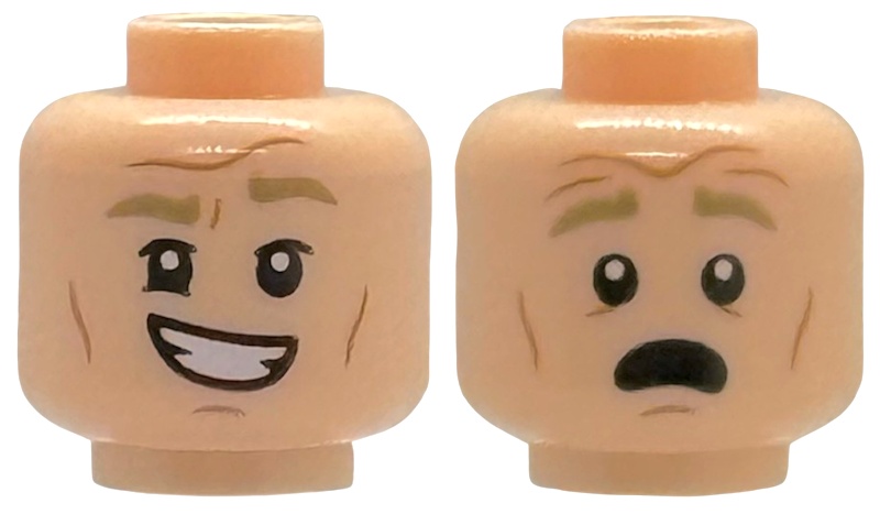 Minifigure, Head Dual Sided Dark Tan Eyebrows, Medium Nougat Cheek Lines, Chin Dimple and Forehead Creases, Lopsided Open Mouth Smile with Teeth / Scared Pattern: {светло нуга}