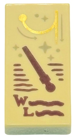 Tile 1 x 2 with Reddish Brown Wand, Capital Letter W, L, and Wingardium Leviosa Spell Scribbles, Dark Tan Sparkles and Arrows, Gold Swish and Flick Pattern: {тухлено жълт}