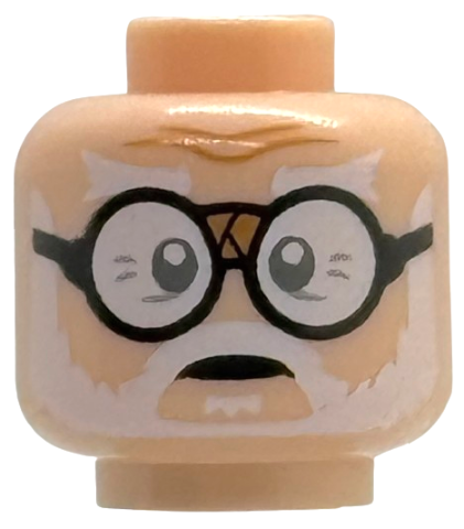 Minifigure, Head White Bushy Eyebrows, Moustache, Beard and Soul Patch, Dark Bluish Gray Eyes, Black Round Glasses with Tape on Bridge, Medium Nougat Forehead Creases, Neutral Pattern: {светло нуга}