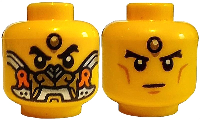 Minifigure, Head Dual Sided Black Thick Eyebrows, Forehead Jewel, Gold, Orange and Silver Mask / Stern with Medium Nougat Cheek Lines and Chin Dimple Pattern: {ярко жълт}
