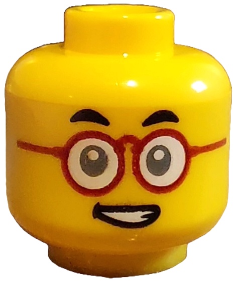 Minifigure, Head Small Black Eyebrows, Round Glasses with Dark Red Frames and White Lenses, Open Mouth Smile with Teeth Pattern: {ярко жълт}