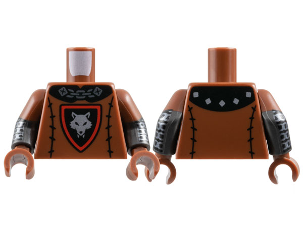 Torso Black Collar, Shield with Red Border, and Stitching, Silver Chain and Wolf Head Pattern / Pearl Dark Gray Arms with Molded Reddish Brown Short Sleeves and Printed Black and Silver Chain Mail Pattern / Reddish Brown Hands: {червеникаво-кафяв}