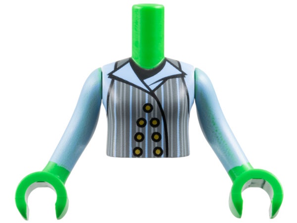 Torso Mini Doll Girl Dark Bluish Gray Vest with Gold Buttons, Light Bluish Gray and Bright Light Blue Pinstripes and Lapels over Black T-Shirt Pattern, Bright Green Arms with Hands with Bright Light Blue Long Sleeves: {ярко зелен}