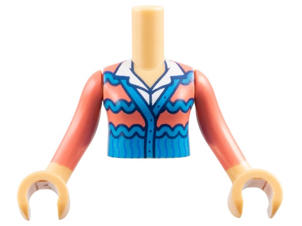 Torso Mini Doll Girl Coral Cardigan Sweater with Dark Azure Wavy Stripes and Trim over White Shirt Pattern, Medium Tan Arms with Hands with Coral Long Sleeves: {умерен тан}