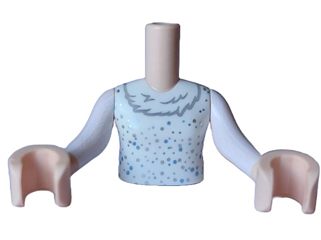 Torso Mini Doll Girl White Dress Top with Dark Bluish Gray Ruffles and Metallic Light Blue and Silver Sparkles Pattern, Light Nougat Arms with Hands with White Long Sleeves: {светло нуга}