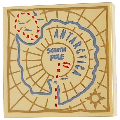 Tile 2 x 2 with Map with Medium Blue 'ANTARCTICA' and 'SOUTH POLE', Dark Tan Compass Rose and Border, Red Dotted Lines Pattern: {тухлено жълт}