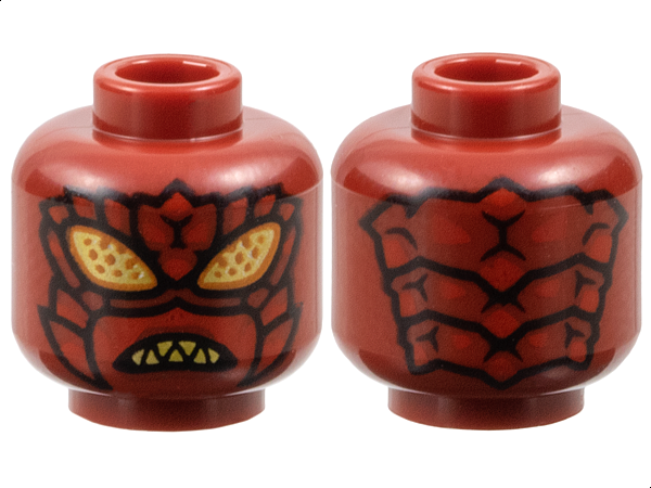 Minifigure, Head Alien Insect with Gold Eyes with Dark Orange Dots, Exoskeleton Segments and Mandibles with Red Spikes, Angry Bared Sharp Teeth Pattern: {нов тъмно червен}