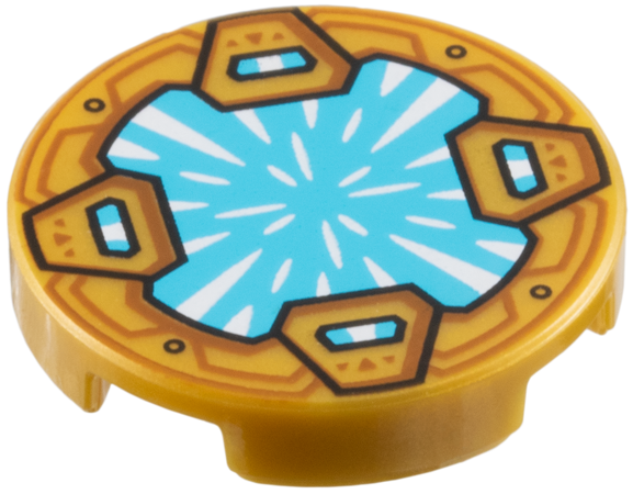 Tile, Round 2 x 2 with Bottom Stud Holder with Medium Azure Crystal with White Radiating Reflections, Clasps with Dark Orange Shapes Pattern: {топло златист}