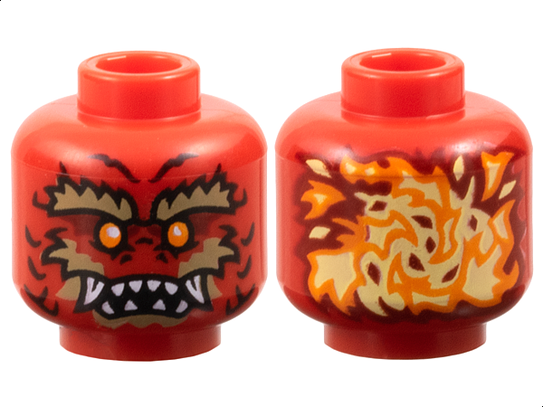 Minifigure, Head Alien Dragon with Orange Eyes, Dark Red Eye Shadow, Dark Tan Bushy Eyebrows, Cheeks and Chin, Scales, Nostrils, Open Mouth with Sharp Teeth Parted and Fangs, Bright Light Yellow Flames on Back Pattern: {ярко червен}