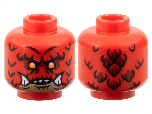 Minifigure, Head Alien Dragon with Orange Eyes, Dark Red Eye Shadow, Dark Tan Chin, Scales, Nostrils, Pronounced Brow, Open Mouth with Sharp Top Teeth and Bottom Fangs Pattern: {ярко червен}