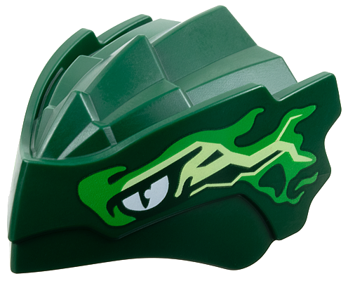 Dragon Head (Ninjago) with Stepped Top and Pin Hole on Back with White Eyes, Bright Green and Yellowish Green Energy Markings Pattern: {земно зелен}