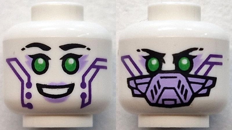 Minifigure, Head Dual Sided Alien Female Robot with Black Eyebrows, Single Eyelashes, Bright Green Eyes, Lavender Eye Shadow and Lips, Dark Purple Circuitry, Open Mouth Smile / Face Mask Pattern: {бял}