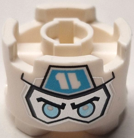 Brick, Round 2 x 2 with Pin Holes with Balaclava with Ninjago Logogram Letter Z on Medium Azure Pentagon over Silver Face with Black Eyebrows and Metallic Light Blue Eyes Pattern (Zane Head): {бял}