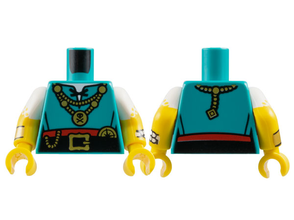 Torso Shirt with Black Laces and Belt, Red Skirt and Gold Necklaces, Buckle and Compass Pattern / Yellow Arms with Molded White Short Sleeves and Printed Yellow Dots and Bracelets Pattern / Yellow Hands: {ярко синьо-зелен}