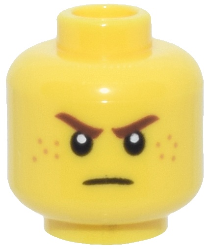 Minifigure, Head Reddish Brown Eyebrows, Nougat Freckles, Angry Scowl Pattern: {ярко жълт}