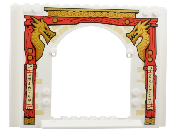 Panel 4 x 16 x 10 with Red Wooden Posts, Gold Dragon Heads and Roof, Tan Bricks and Banners with Black Ninjago Logogram 'WELCOME NINJAS' Pattern: {бял}