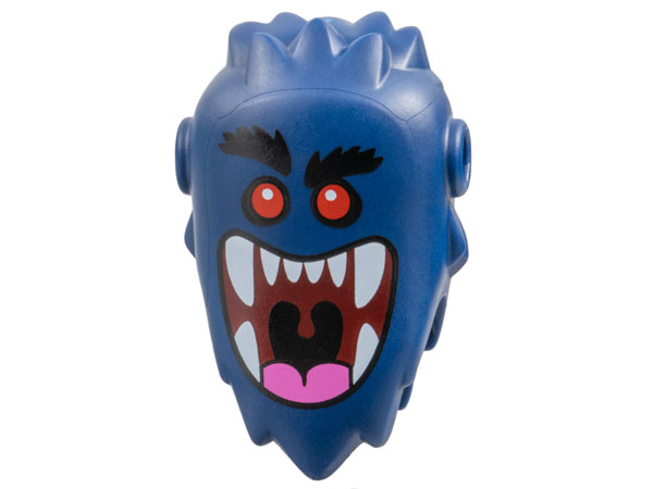 Minifigure, Head, Modified, Bogeyman with Pin Holes with Black Bushy Eyebrows, Red Eyes, Dark Red Large Open Mouth with Dark Pink Tongue and White Teeth Pattern: {земно син}