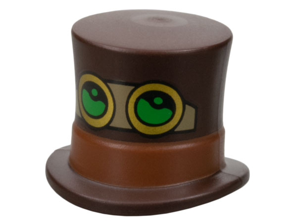 Minifigure, Headgear Hat, Top Hat Large with Molded Reddish Brown Band and Printed Black, Dark Tan and Gold Goggles with Bright Green Lenses Pattern: {тъмно кафяв}