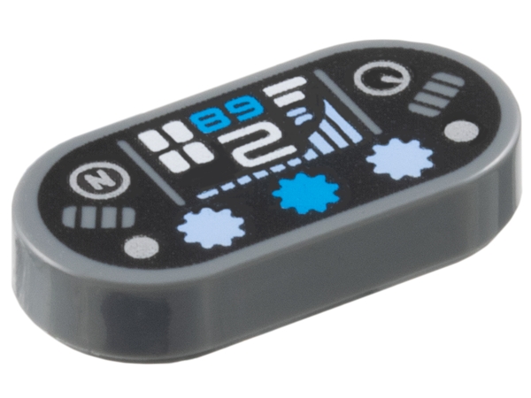 Tile, Round 1 x 2 Oval with Dashboard with Dark Azure '89' / '68', White Number 2, Silver Capital Letter N in Circle, Dots and Gauge, Bright Light Blue Bar Graph and Lights on Black Background Pattern: {тъмно каменно сив}