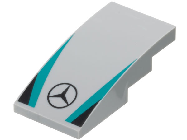 Slope, Curved 4 x 2 with Mercedes Logo, Dark Turquoise Stripes, Black Triangles Pattern: {умерено каменно сив}