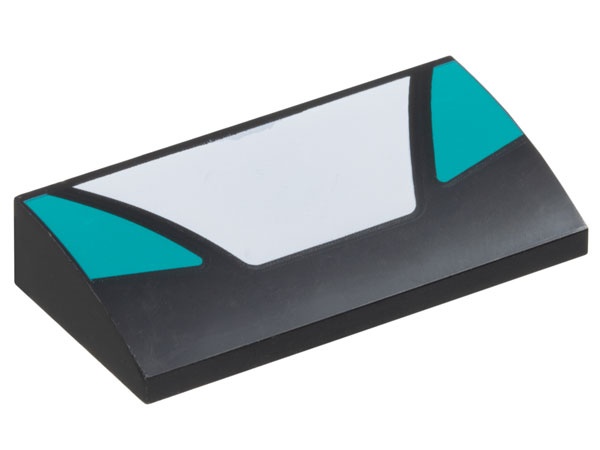Slope, Curved 2 x 4 x 2/3 with Bottom Tubes with White Trapezoidal Panel in Center and Dark Turquoise Triangular Panels on Sides Pattern: {черен}
