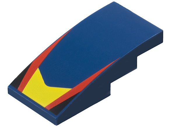 Slope, Curved 4 x 2 with Yellow V-Shaped Center Panel, Red Stripes, Black Triangles Pattern: {земно син}