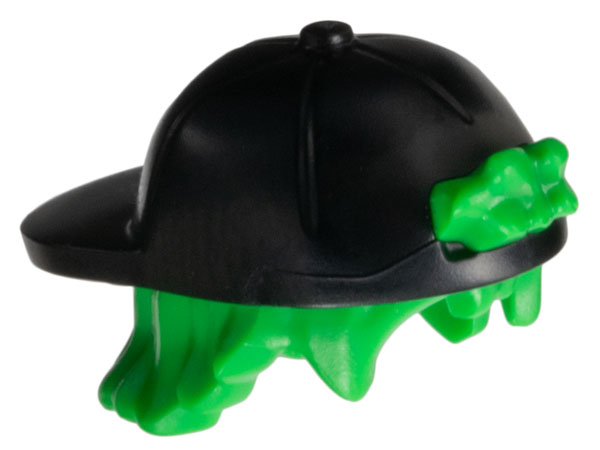 Minifigure, Hair Combo, Hair with Hat, Short Tousled Hair with Molded Black Cap, Short Curved Bill Pattern: {ярко зелен}