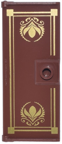 Door 1 x 3 x 6 with Stud Handle with Gold Border with Squares and Arendelle Crest Flowers Pattern: {червеникаво-кафяв}