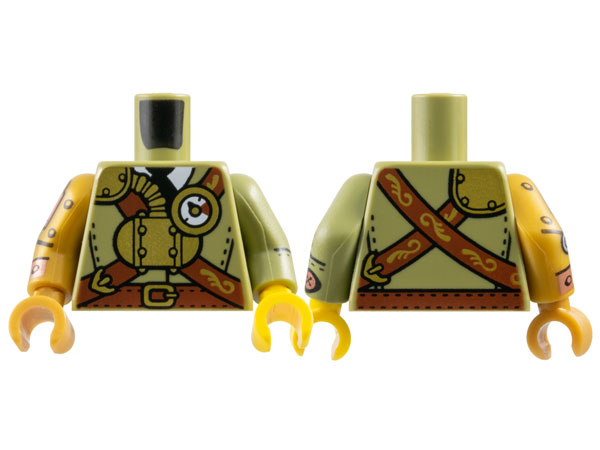 Torso Suit with Reddish Brown Belt and Crossbelt, Gold Steam Tank, Gauge and Buckles over White Shirt with Black Tie Pattern / Olive Green Arm Left with Black Seams and Stitches and Copper Button Pattern / Pearl Gold Arm Right with Copper and Silver Mecha: {маслинено зелен}