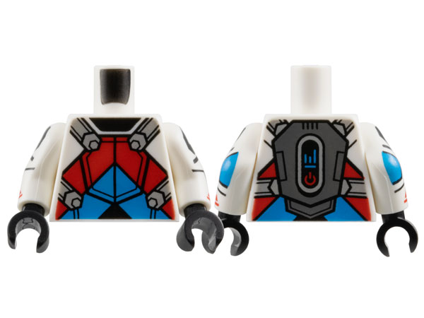 Torso Armor with Black Neck, Dark Azure and Red Chevrons, Light Bluish Gray Straps and Dark Bluish Gray Jetpack on Back Pattern / White Arms with Black Octagons, Dark Azure Elbows and Red Sport Mountain Logos Pattern / Black Hands: {бял}