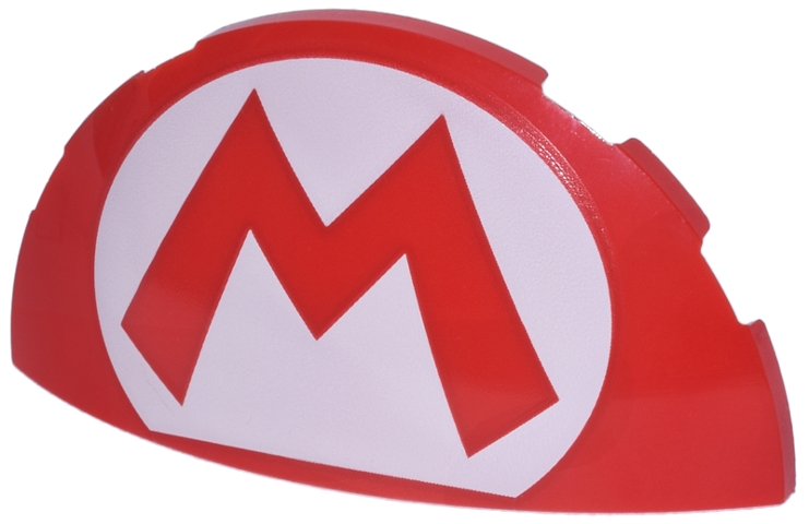 Brick, Round 3 x 6 x 1 Dome Half with Super Mario Logo Capital Letter M on White Oval Pattern: {ярко червен}