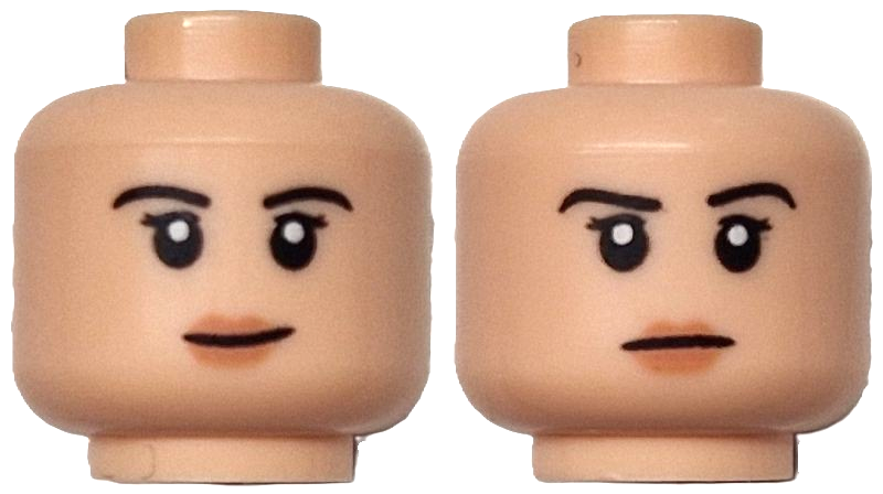 Minifigure, Head Dual Sided Female Black Eyebrows and Double Eyelashes, Nougat Lips, Slight Lopsided Grin / Stern Pattern: {светло нуга}
